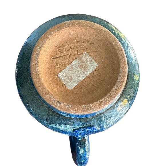 VTG Asian Cup Mug Stone Ware Clay Hand Painted Blue Characters Letters Design - Picture 7 of 8